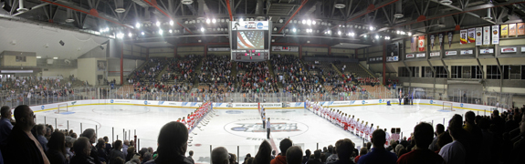Ethan Magoc photo: Boston University and Wisconsin stand at center ice during the playing of the national anthem on Sunday, March 20, 2011 at Tullio Arena.